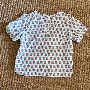 J. Crew White Blouse with Pink and Green Pattern